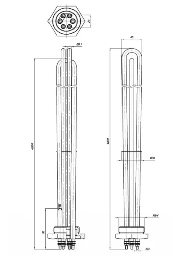 Elektromos csőfűtőbetét kazánhoz R6/4" Cu Ø8.1mm ~ 3x230V 9000W L=400mm