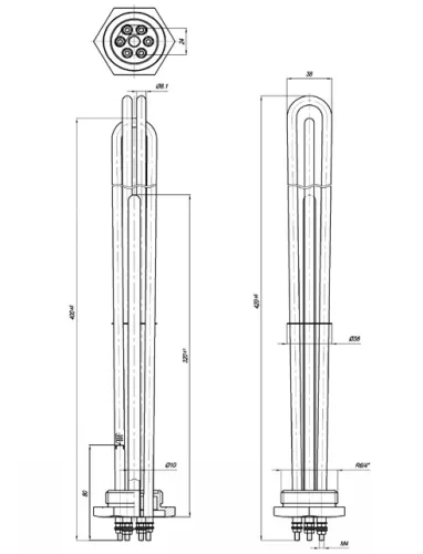 Elektromos csőfűtőbetét kazánhoz R6/4" réz Ø8.1mm ~ 3x230V 6000W L=400mm Szonda Ø10x320mm