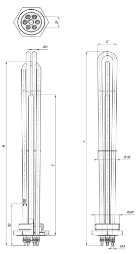 Elektromos csőfűtőbetét kazánhoz R6/4" réz Ø8.1mm ~ 3x230V 6000W L=330mm Szonda Ø10x290mm