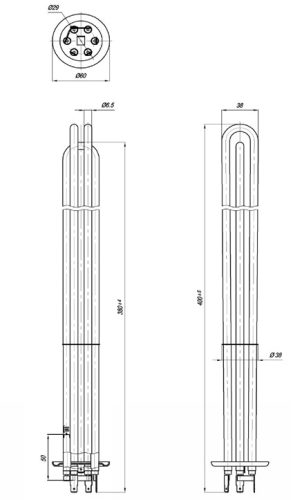 Elektromos csőfűtőbetét kazánhoz Mikoterm Cu Ø6.5mm ~ 3x230V 4500W L=380mm típusú