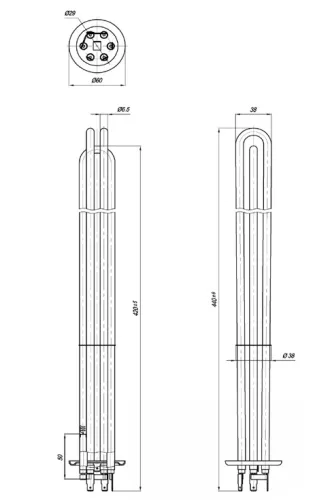 Elektromos csőfűtőbetét kazánhoz Mikoterm Cu Ø6.5mm ~ 3x230V 6000W L=420mm típusú