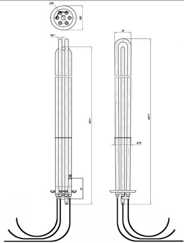 Elektromos csőfűtőbetét kazánhoz réz Ø8.1mm ~ 3x230V 9000W L=420mm szilikon vezeték FEKETE 2.5 Lk=400mm