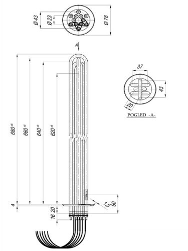Elektromos csőfűtőbetét kazánhoz Mikoterm ST Cu Ø8.1mm ~ 6x230V 18000W L=700mm szilikon vezeték 2.5 Lk=1000mm