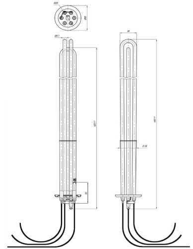 Elektromos csőfűtőbetét kazánhoz réz Ø8.1mm ~ 3x230V 7200W L=420mm szilikon vezeték FEKETE 2.5 Lk=400mm