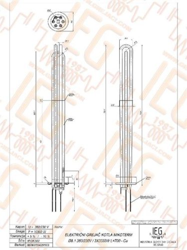 Elektromos csőfűtőbetét kazánhoz Mikoterm Cu Ø8.1mm ~ 3x230V 10000W L=700mm szilikonkábel 2.5 Lk=1000mm