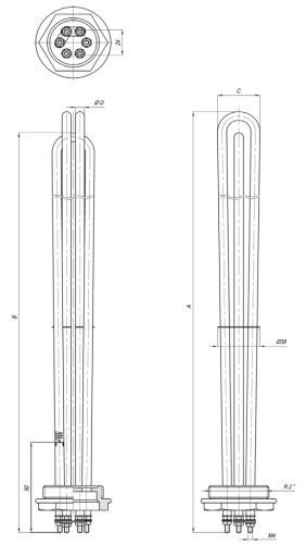 Elektromos csőfűtőbetét kazánhoz R2" Aisi 316L Ø8.1mm ~ 3x230V 6000W L=600mm