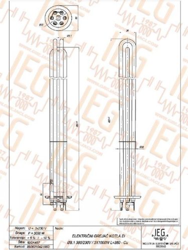 Elektromos csőfűtőbetét kazánhoz Ei Cu Ø8.1mm ~ 3x230V 3000W L=380mm
