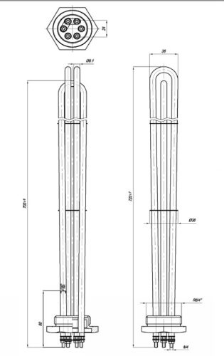 Elektromos csőfűtőbetét kazánhoz R6/4" Cu Ø8.1mm ~ 3x230V 9000W L=700mm