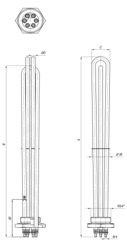 Elektromos csőfűtőbetét kazánhoz R5/4" Aisi 316L Ø8.1mm ~ 3x230V 6000W L=330mm