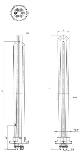 Elektromos csőfűtőbetét kazánhoz R5/4" Aisi 316L Ø8.1mm ~ 3x230V 6000W L=420mm