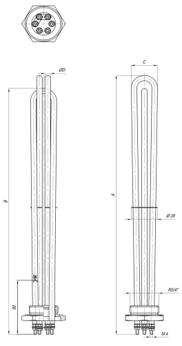 Elektromos csőfűtőbetét kazánhoz R5/4" Aisi 316L Ø6.5mm ~ 3x230V 9000W L=380mm