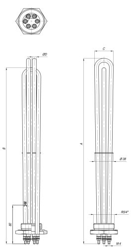 Elektromos csőfűtőbetét kazánhoz R5/4" Aisi 316L Ø6.5mm ~ 3x230V 9000W L=420mm