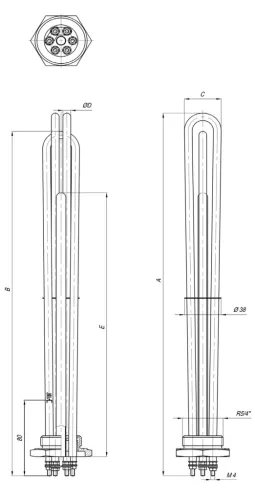Elektromos csőfűtőbetét kazánhoz R5/4" Aisi 316L Ø8.1mm ~ 3x230V 4500W L=420mm Szonda Ø10x320mm