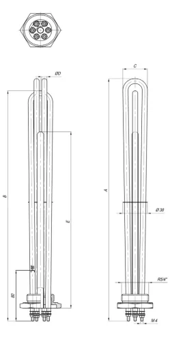 Elektromos csőfűtőbetét kazánhoz R5/4" Aisi 316L Ø8.1mm ~ 3x230V 9000W L=600mm Szonda Ø10x350mm