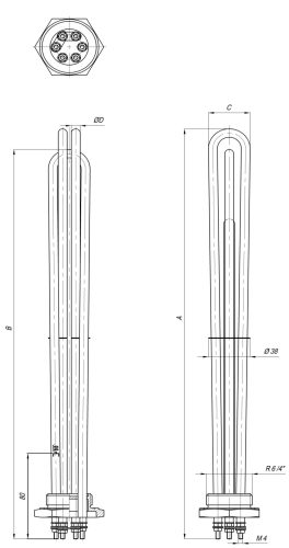 Elektromos csőfűtőbetét kazánhoz R6/4" Aisi 316L Ø8.1mm ~ 3x230V 4500W L=250mm