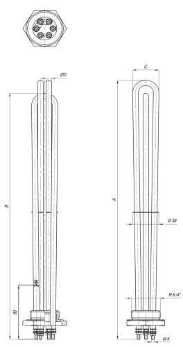 Elektromos csőfűtőbetét kazánhoz R6/4" Aisi 316L Ø8.1mm ~ 3x230V 8000W L=420mm