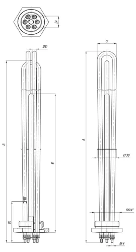 Elektromos csőfűtőbetét kazánhoz R6/4" Aisi 316L Ø8.1mm ~ 3x230V 9000W L=380mm Szonda Ø10x290mm