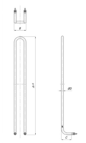 Elektromos csőfűtőbetét grillezőhöz Aisi 304 Ø8.1 mm ~230 V 750 W L=450 mm H=38 mm