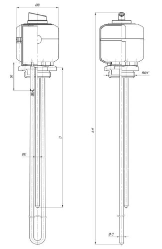 Elektromos csőfűtő radiátorhoz TOPLICA R5/4" Bal Aisi 316L Ø6.5mm ~ 230V 2000W L=770mm Lk=1500mm
