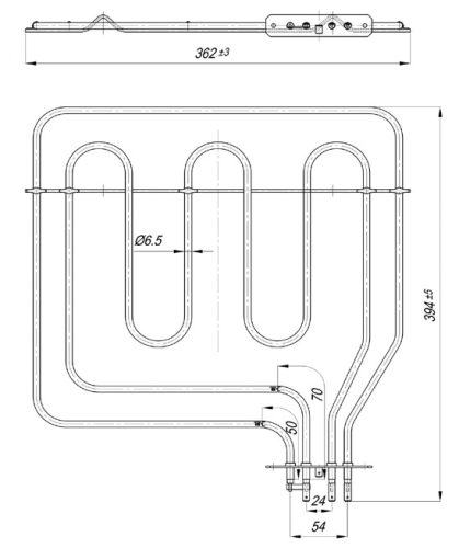 Elektromos csőfűtőbetét ELIN típusú sütőhöz Aisi 304 Ø6.5 mm ~230 V/ 2000+1000 W 