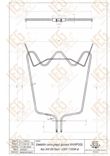 Elektromos csőfűtőbetét IGNIS WHIRPOOL tűzhelyhez Aisi 304 Ø6.5 mm ~230 V 1150 W