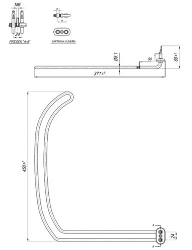 Elektromos csőfűtőbetét mosogatógéphez Candy Aisi 316L Ø8.1mm ~ 230V 1800W Jatagan jobb