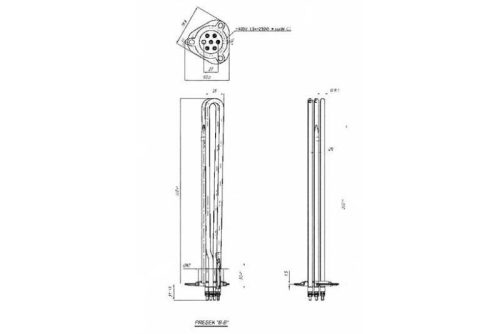 Elektromos csőfűtőbetét KONVEKTOR Aisi 304 Ø8.1mm 3x~230V 6000W L=350mm Szonda Ø8x300mm