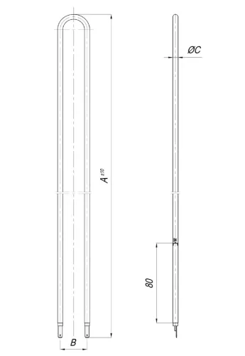 CER típusú elektromos csőfűtőelem TA kályhához, Aisi 304, Ø8.1mm, ~230V, 1000W, L=910mm