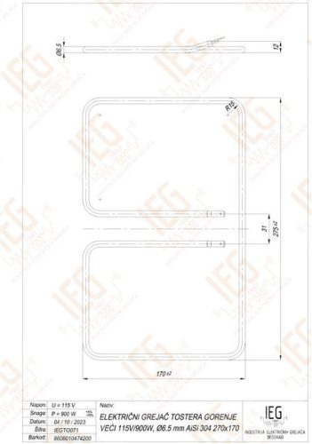Elektromos csőfűtőbetét grillezőhöz Aisi 304 Ø6.5 mm ~115 V 900 W