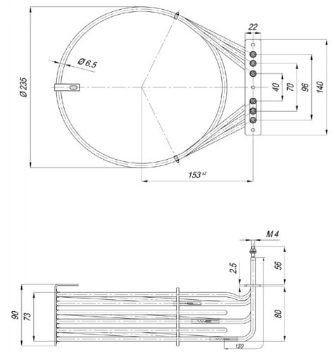 KRUŽNI fi 235mm Aisi Ø6.5mm ~ 3x230V 7000W pékárú sütő csőfűtőbetét