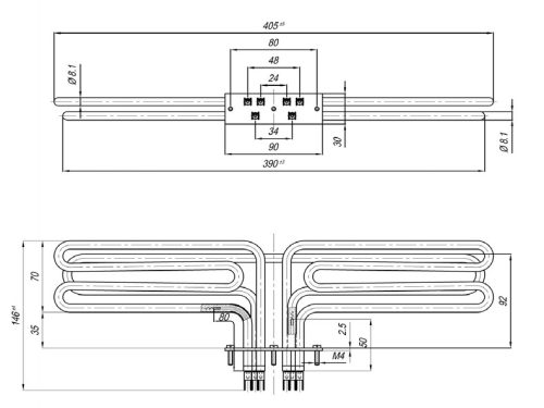 Elektromos csőfűtőbetét pék kemencékhez Aisi 304 Ø8.1mm ~ 3x230V 4000W - Pillangószelep
