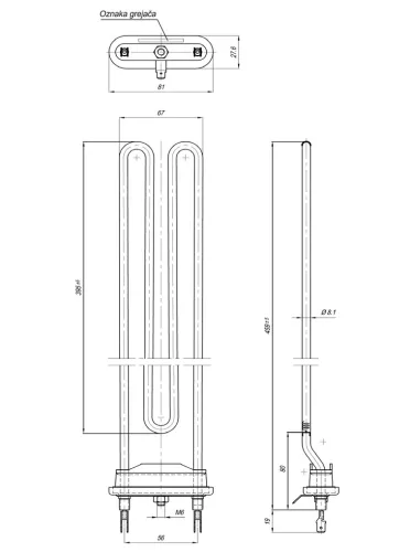 Elektromos csőfűtőbetét mosógéphez PRIMAT Aisi 316L Ø8.1mm ~400V 5000W L=440mm