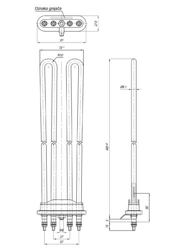 Elektromos mosógép fűtőszál Primat Aisi Ø8.1mm ~ 230V/ 2000+2000W L=400mm