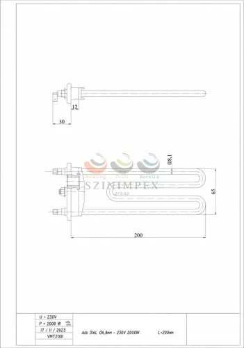 Elektromos csőfűtőbetét VM hővédelmmel GORENJE NT Aisi 316L Ø8.1mm ~ 230V 2000W lyukkal L=200mm