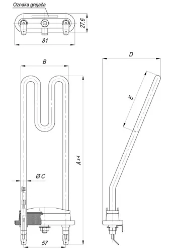 Elektromos csőfűtőbetét VM hővédővel BOSCH Aisi 316L Ø8.1mm ~ 230V 1900W lyukkal L=195mm