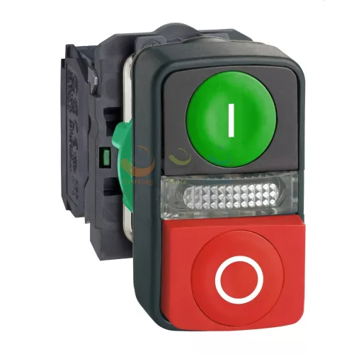 Schneider Electric harmony komplett műanyag kettősfejű nyomógomb, Ø22, 1NO+1NC, zöld "I" + piros "O" gomb + LED, 230 VAC