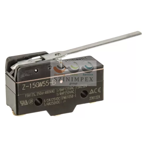OMRON mikrokapcsoló hosszú lemezkaros műanyag 1-ny 1-z 15 A/AC15/230 V IP00 Z-15GW55-B