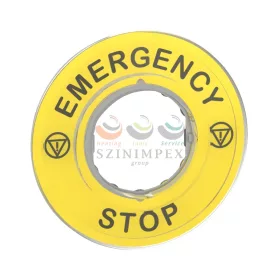   Schneider Electric harmony sárga köralakú felirati tábla, Ø60, vészleállítóhoz, logóval, EMERGENCY STOP