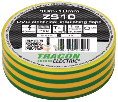 TRACON szigetelőszalag zöld/sárga 18 mm x 10 m PVC 90°C max. ZS10