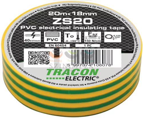 TRACON szigetelőszalag zöld/sárga 18 mm x 20 m PVC 90°C max. ZS20
